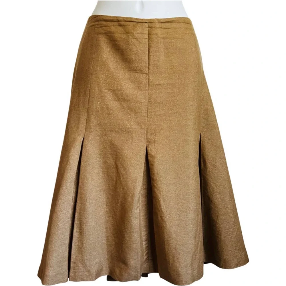 Linen Blend Anne Klein Shimmer Gold Full Midi Skirt Size 12 Pleated EUC